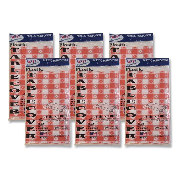TABLEMATE PRODUCTS, CO. Table Set Rectangular Table Covers, Heavyweight Plastic, 54" x 108", Plaid Red/White, 6/Pack (TBL549RDG)