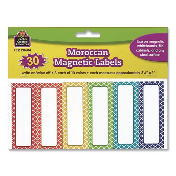TEACHER CREATED RESOURCES Moroccan Magnetic Labels, 10 Assorted Colors, 2.5" x 1", 30/Pack (TCR20684)