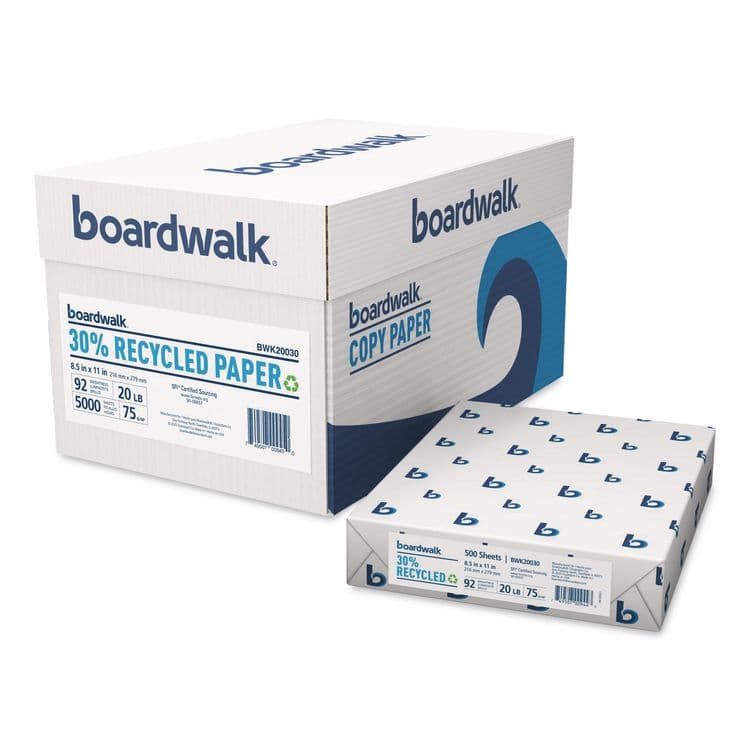 BOARDWALK 30% Recycled Copy Paper, 92 Bright, 20 lb Bond Weight, 8.5 x 11, White, 500 Sheets/Ream, 10 Reams/Carton (BWK20030)