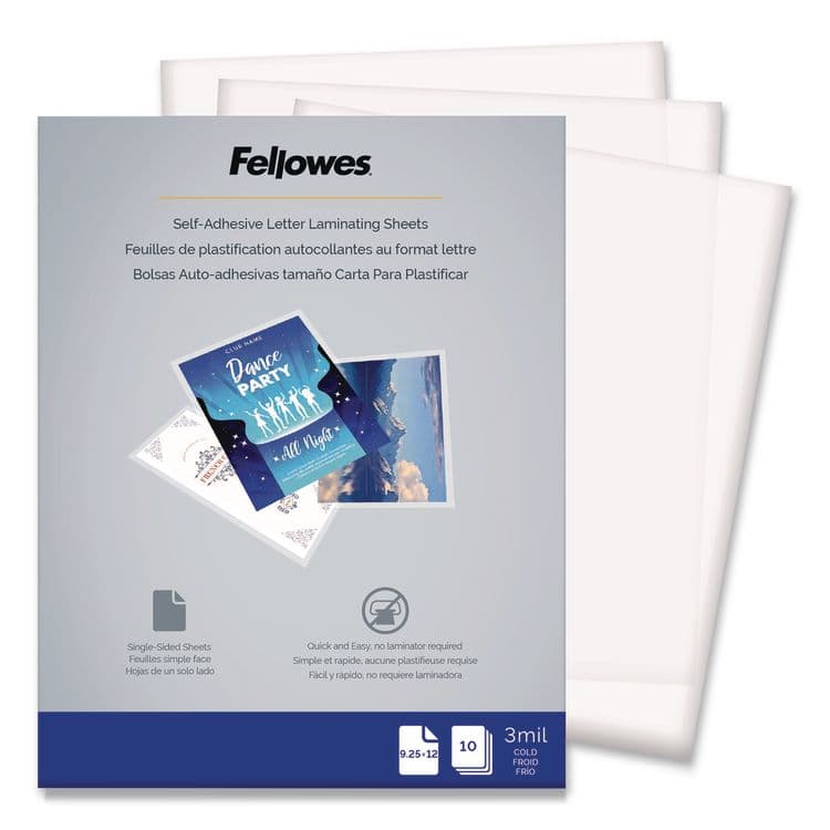FELLOWES MFG. CO. Self-Adhesive Laminating Sheets, 3 mil, 9.25 x 12, Glossy Clear, 10/Pack (FEL5221501)