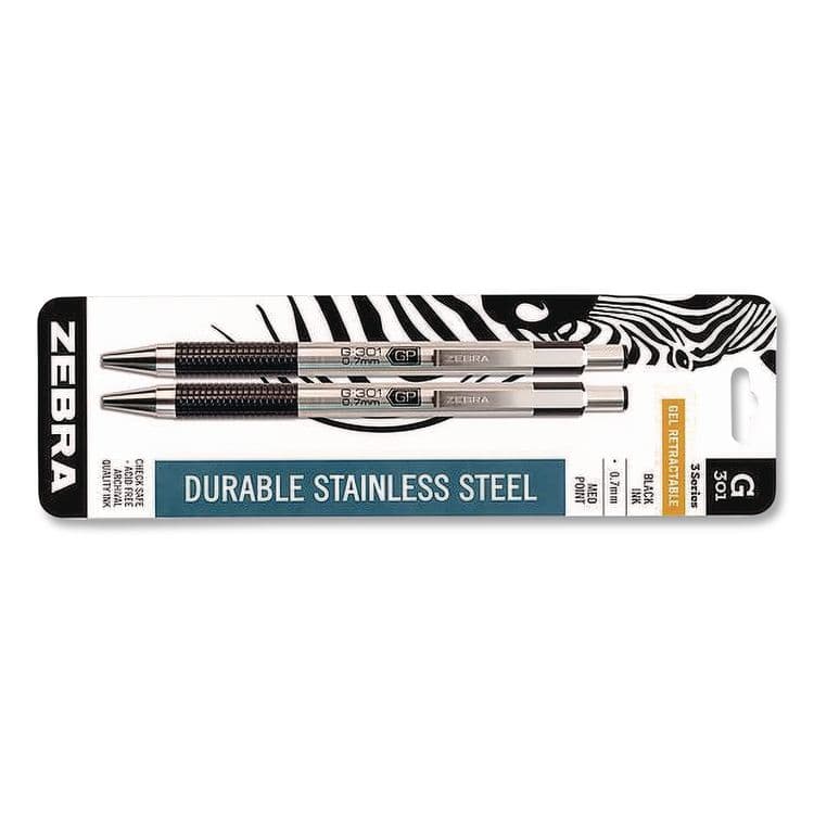 ZEBRA PEN CORP. G-301 Gel Pen, Retractable, Medium 0.7 mm, Black Ink, Stainless Steel/Black Barrel, 2/Pack (ZEB41312) thumbnail 3