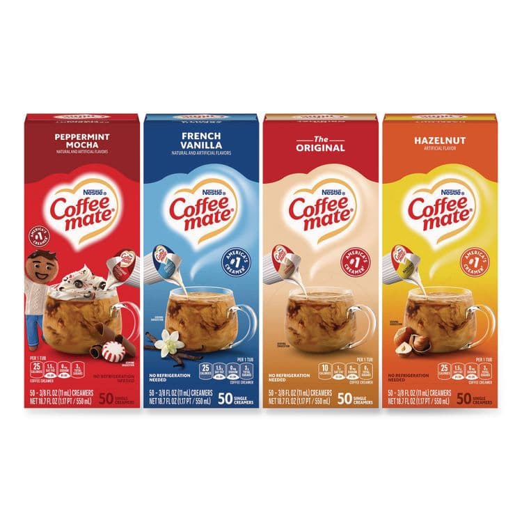 NESTLE Liquid Coffee Creamer, French Vanilla/Hazelnut/Original//Peppermint Mocha, 0.38 oz Mini Cups, 200/Carton (GRR28300012)