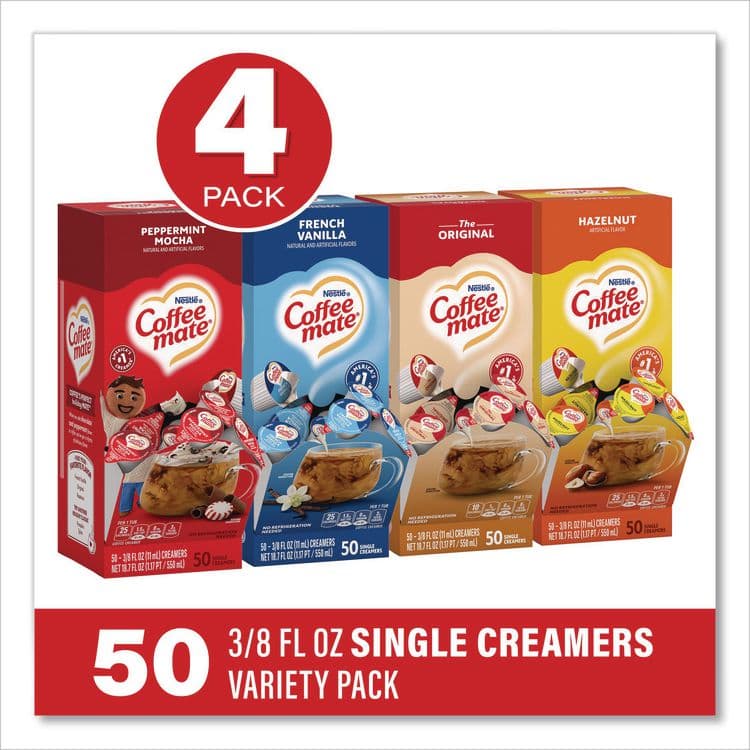 NESTLE Liquid Coffee Creamer, French Vanilla/Hazelnut/Original//Peppermint Mocha, 0.38 oz Mini Cups, 200/Carton (GRR28300012) thumbnail 2