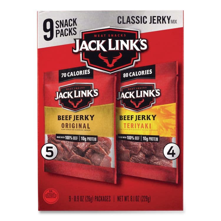 LINK SNACKS Beef Jerky Variety Pack, Original/Teriyaki, 8.1 oz Bag, 9/Carton (GRR22002688)