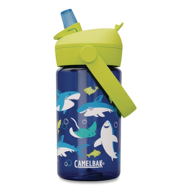 CAMELBAK Thrive FlipStraw Plastic Water Bottle, 14 oz, Sharks and Rays Design, Blue/Yellow (WLB2860403041) thumbnail 2