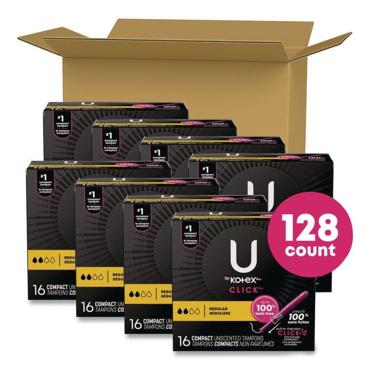 KIMBERLY CLARK U by Kotex Click Compact Tampons, Regular Absorbency, 16/Pack, 8 Packs/Carton (KCM53445)