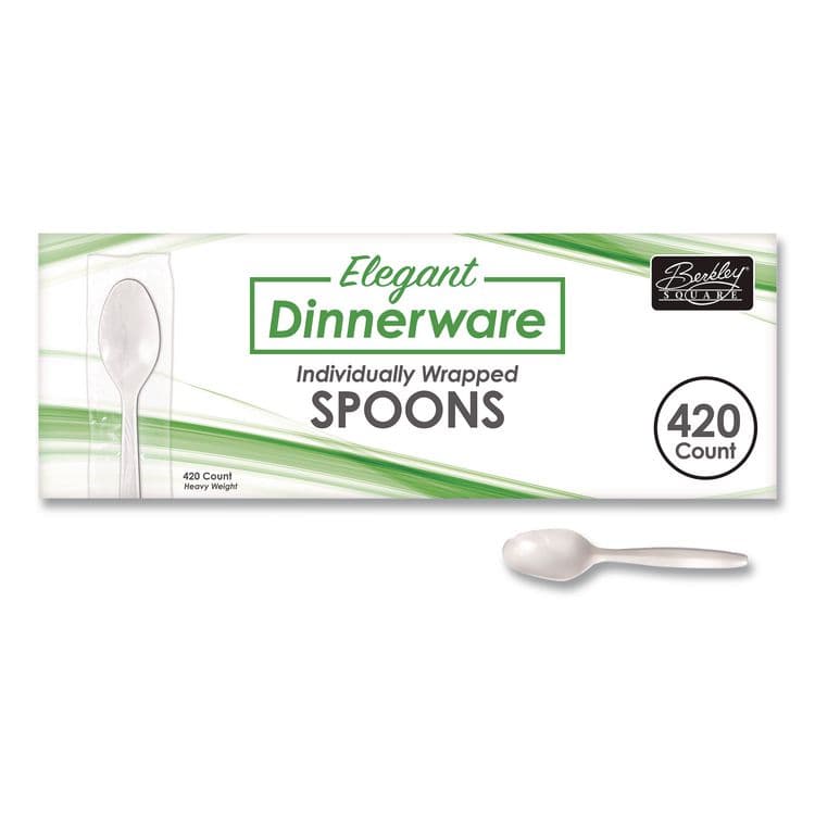 BERK ENTERPRISES Elegant Dinnerware Heavyweight Cutlery, Individually Wrapped, Spoon, Plastic, White, 420/Box (BSQ90187)