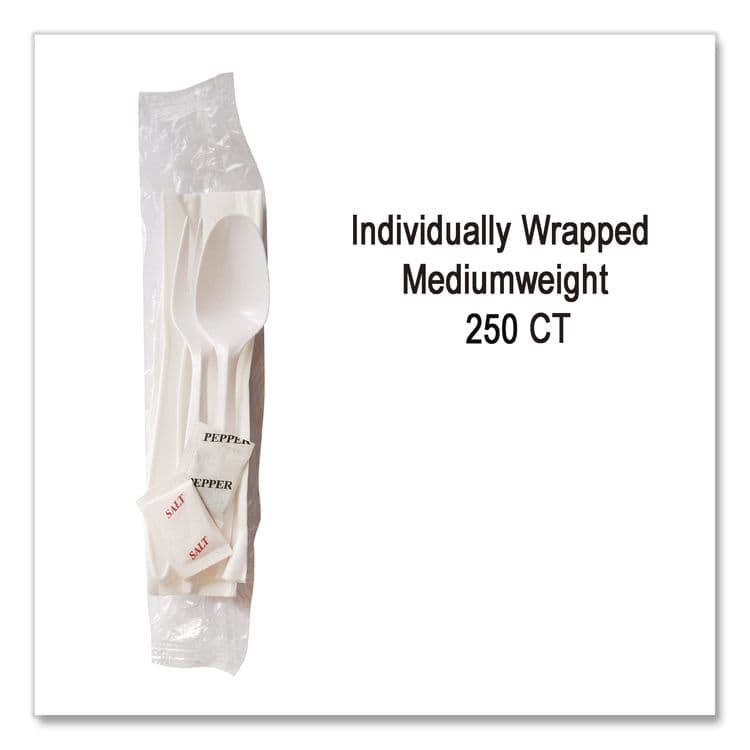 BERK ENTERPRISES Mediumweight Cutlery Kit, Fork/Knife/Napkin/Pepper/Salt/Spoon, Plastic, White, 250/Carton (BSQ1171241) thumbnail 4