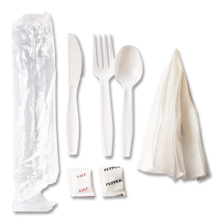 BERK ENTERPRISES Medium Heavyweight Cutlery Kit, Fork/Knife/Napkin/Pepper/Salt/Spoon, Plastic, White, 250/Carton (BSQ1181239) thumbnail 4