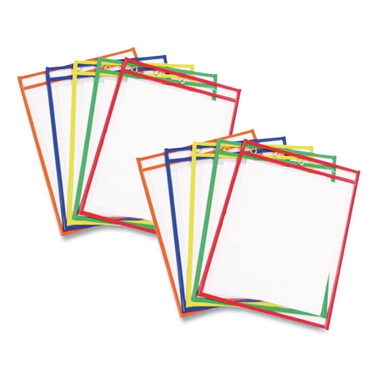 C-LINE PRODUCTS, Reusable Dry Erase Pockets, Super Heavy-Duty, Top Load 9 x 12 Insert, Clear Front, Assorted Border Colors, 10/Pack (CLI40610)