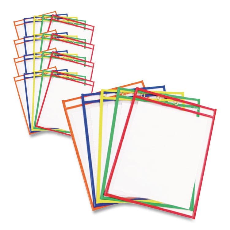 C-LINE PRODUCTS, Reusable Dry Erase Pockets, Super Heavy-Duty, Top Load 9 x 12 Insert, Clear Front, Assorted Border Colors, 25/Box (CLI40620)