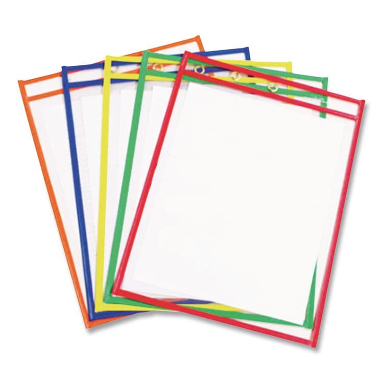 C-LINE PRODUCTS, Reusable Dry Erase Pockets, Super Heavy-Duty, Top Load 9 x 12 Insert, Clear Front, Assorted Border Colors, 5/Pack (CLI40630)