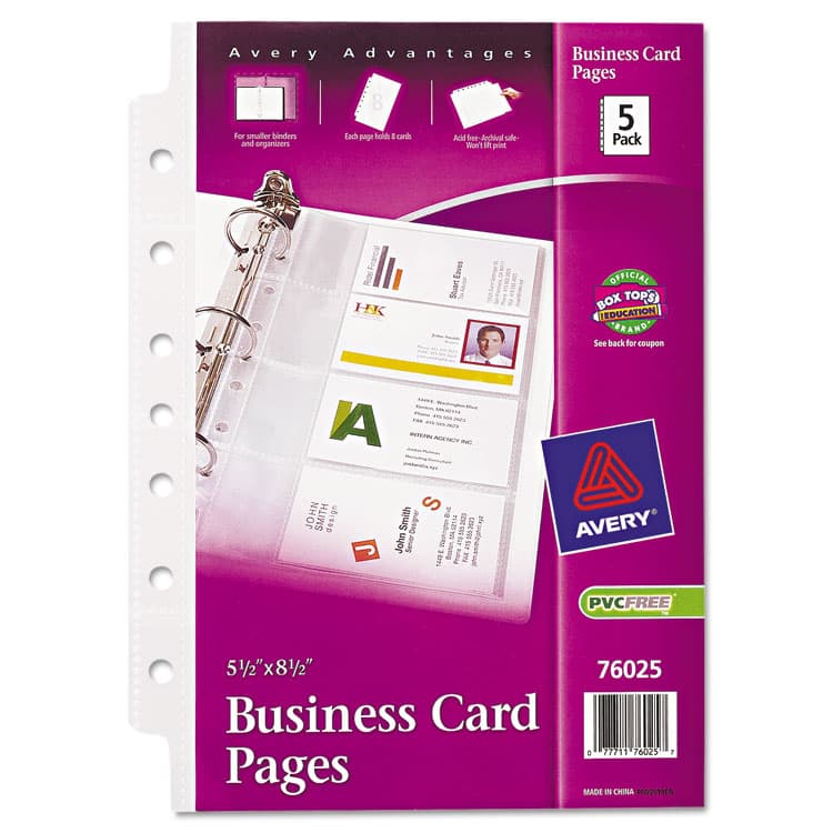 AVERY PRODUCTS CORPORATION Business Card Binder Pages, For 2 x 3.5 Cards, Clear, 8 Cards/Sheet, 5 Pages/Pack (AVE76025)