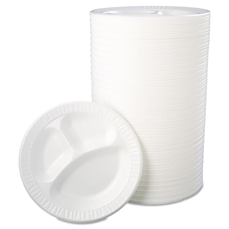 DART Quiet Class Laminated Foam Dinnerware, 3-Compartment Plate, 10.25" dia, White, 125/Pack, 4 Packs/Carton (DCC10CPWQR) thumbnail 2