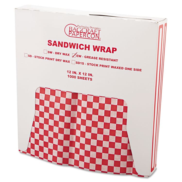 BAGCRAFT Grease-Resistant Paper Wraps and Liners, 12 x 12, Red Check, 1,000/Box, 5 Boxes/Carton (BGC057700) thumbnail 2