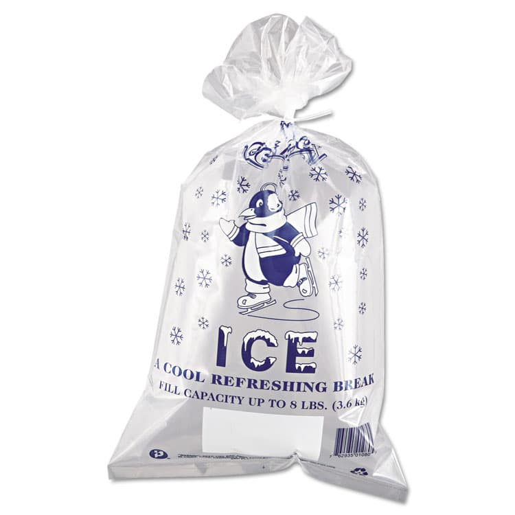 INTEGRATED BAGGING SYSTEMS Ice Bags with Twist-Ties, Ice: Penguin Icon Labeling, 8 lb Capacity, 11" x 20", Clear, 1,000/Carton (IBSIC1120)