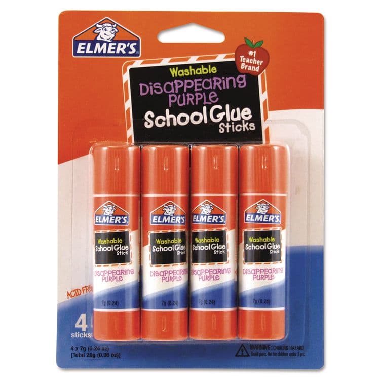 ELMER'S PRODUCTS, . Washable School Glue Sticks, 0.24 oz, Applies Purple, Dries Clear, 4/Pack (EPIE543)
