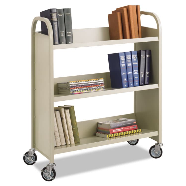 SAFCO PRODUCTS Steel Single-Sided Book Cart, Metal, 3 Shelves, 300 lb Capacity, 36" x 14.5" x 43.5", Sand (SAF5358SA)