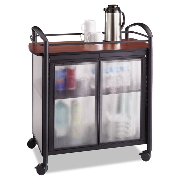 SAFCO PRODUCTS Impromptu Refreshment Cart/Machine Stand, Engineered Wood, 3 Shelf, 34 x 21.25 x 36.5, Cherry/Black (SAF8966BL)