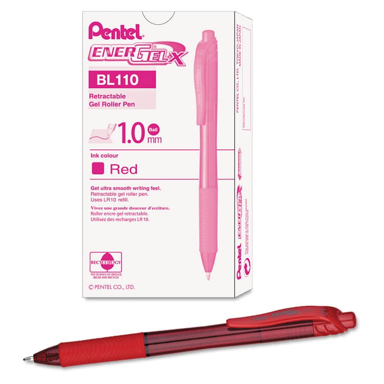 PENTEL OF AMERICA EnerGel-X Gel Pen, Retractable, Bold 1 mm, Red Ink, Translucent Red/Red Barrel, Dozen (PENBL110B) thumbnail 2