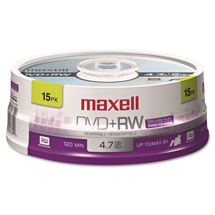 MAXELL CORP. OF AMERICA DVD+RW Rewritable Disc, 4.7 GB, 4x, Spindle, Silver, 15/Pack (MAX634046)