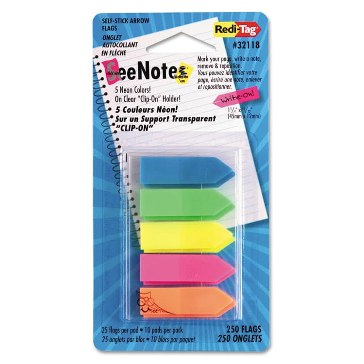 REDI-TAG CORPORATION SeeNotes Transparent-Film Arrow Page Flags, Assorted Colors, 50/Pad, 5 Pads (RTG32118)