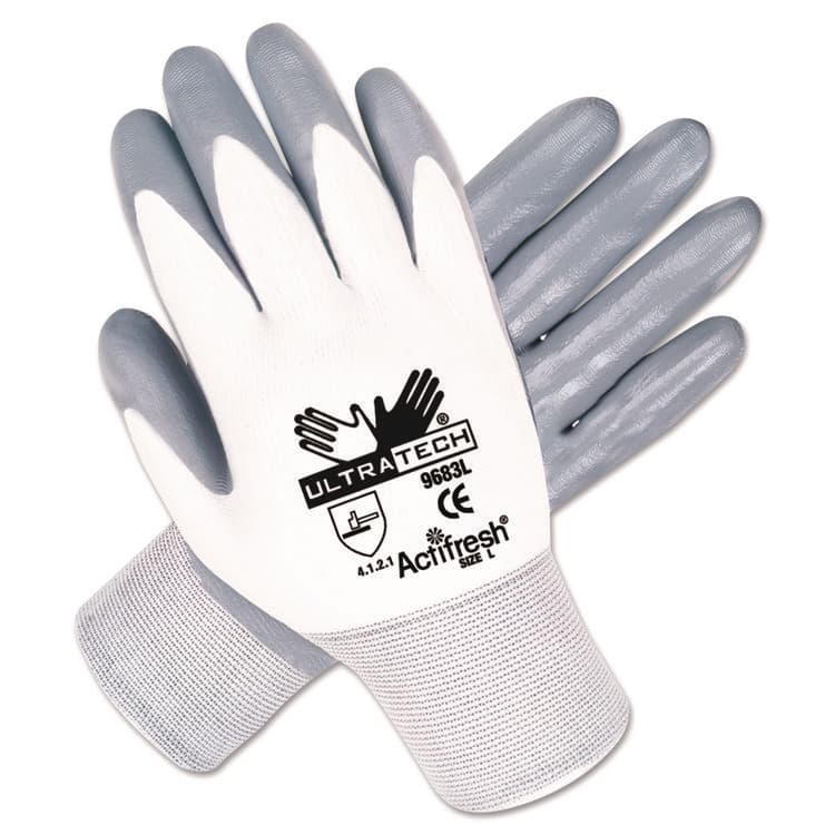 MCR SAFETY Ultra Tech Nitrile-Coated Gloves, EN388: 4121, Medium, White/Gray, 12 Pairs (MPG9683M)