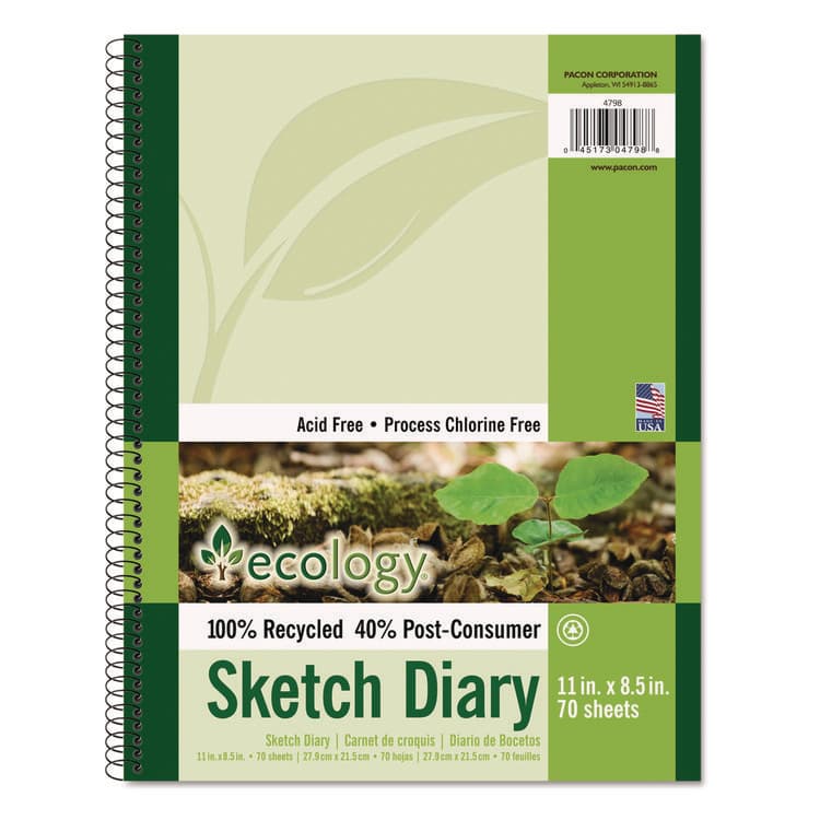 PACON CORPORATION Ecology Sketch Diary, 60 lb Text Paper Stock, Green Cover, (70) 11 x 8.5 Sheets (PAC4798)