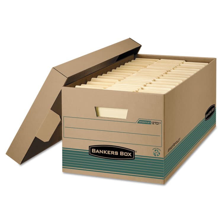 FELLOWES MFG. CO. STOR/FILE Medium-Duty 100% Recycled Storage Boxes, Legal Files, 15.88" x 25.38" x 10.25", Kraft/Green, 12/Carton (FEL1270201)