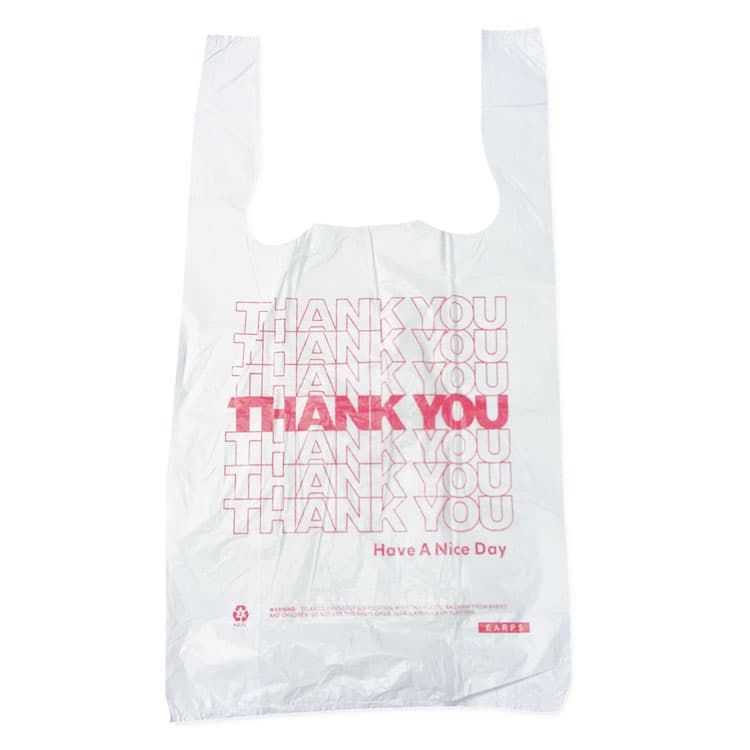 BROWN PAPER GOODS Plastic Thank-You T-Sack, Thank You - Have a Nice Day Labeling, Cut-Out Handles, 4" x 6" x 15", White/Red, 2,000/Carton (BPC6415THYOU)