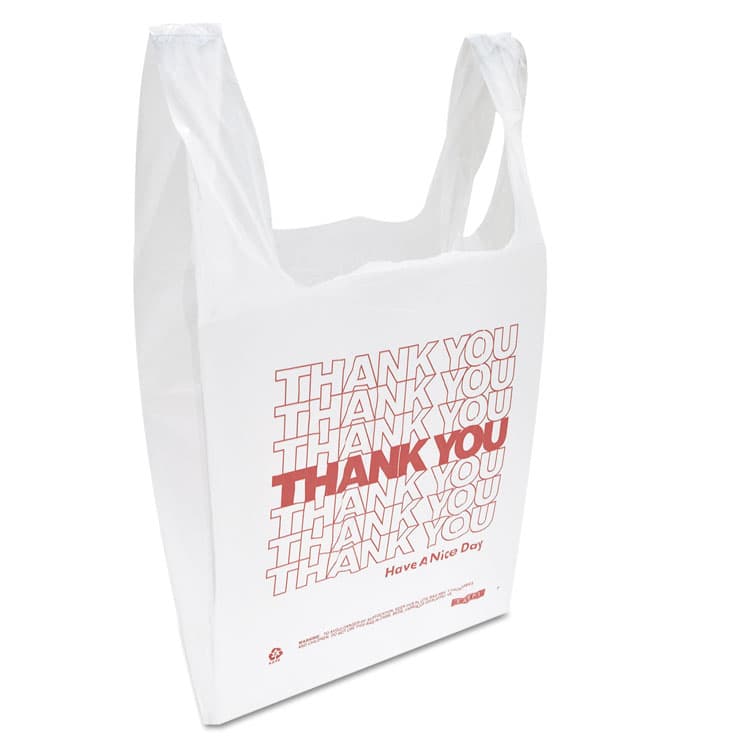 INTEGRATED BAGGING SYSTEMS "Thank You" Handled T-Shirt Bag, Have a Nice Day Labeling, Cut-Out Handles, 11.5" x 6.5" x 21", White/Red, 900/Carton (IBSTHW1VAL) thumbnail 2