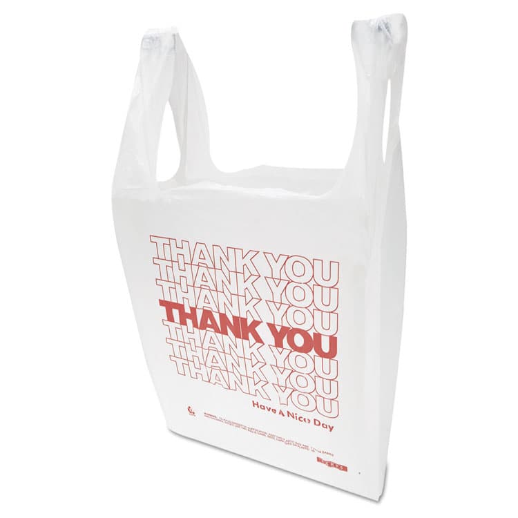 INTEGRATED BAGGING SYSTEMS "Thank You" Handled T-Shirt Bag, Have a Nice Day Labeling, Cut-Out Handles, 11.5" x 6.5" x 21", White/Red, 900/Carton (IBSTHW1VAL) thumbnail 3