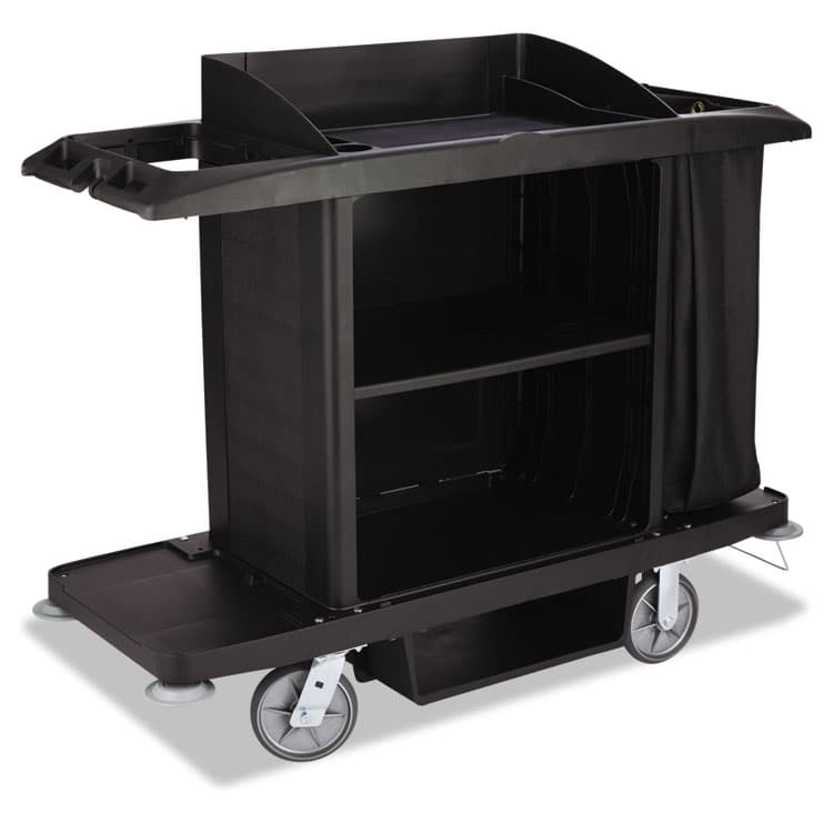 RUBBERMAID COMMERCIAL PROD. Housekeeping Cart, Plastic, 3 Shelves, 2 Bins, 22" x 60" x 50", Black (RCPFG618900BLA)
