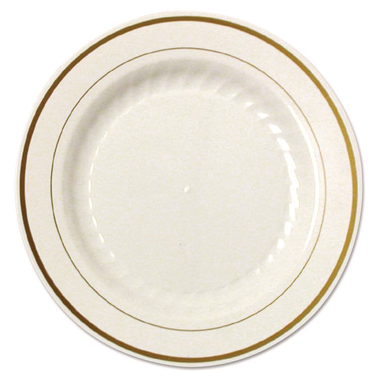 WNA, . Masterpiece Plastic Plates, 9" dia, Ivory/Gold, 10/Pack, 12 Packs/Carton (WNAMP9IPREM)