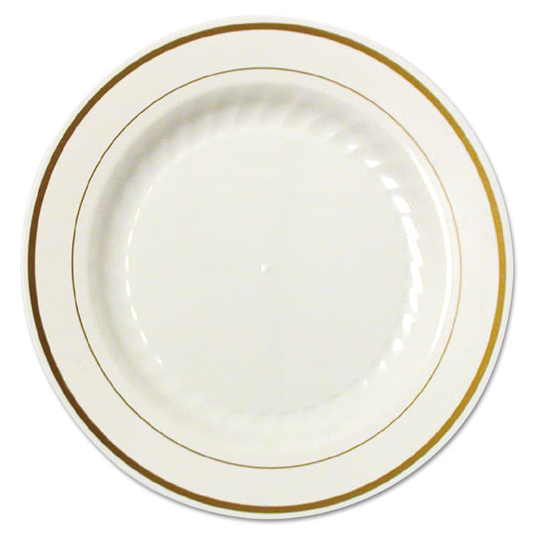 WNA, . Masterpiece Plastic Plates, 6" dia, Ivory/Gold, 10/Pack, 15 Packs/Carton (WNAMP6IPREM)