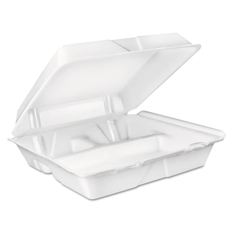 DART Foam Hinged Lid Container, 3 Compartments, 8 oz, 9 x 9.4 x 3, White, 100/Sleeve, 2 Sleeves/Carton (DCC90HT3R)