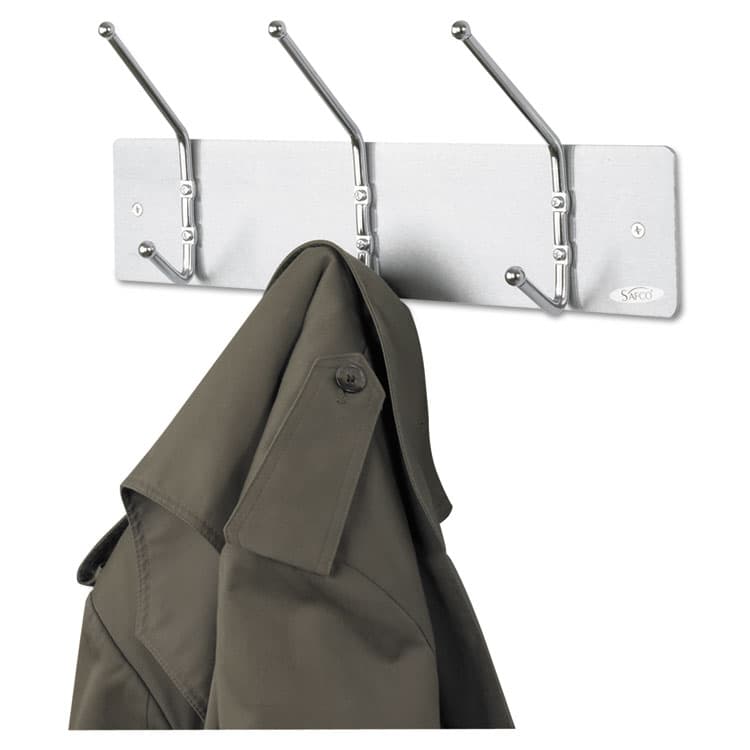 SAFCO PRODUCTS Metal Wall Rack, Three Ball-Tipped Double-Hooks, Metal, 18w x 3.75d x 7h, Satin (SAF4161)