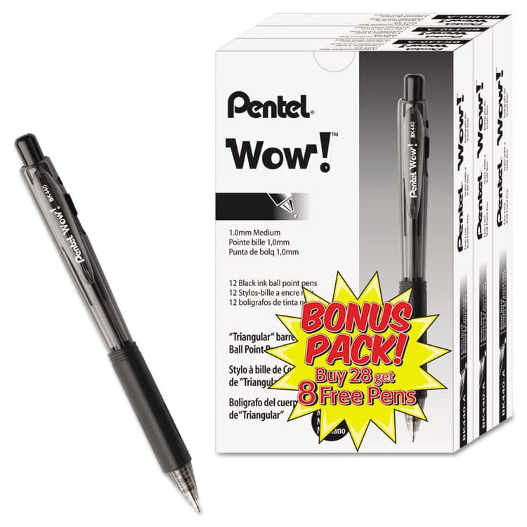 PENTEL OF AMERICA WOW! Ballpoint Pen Value Pack, Retractable, Medium 1 mm, Black Ink, Smoke/Black Barrel, 36/Pack (PENBK440ASWUS) thumbnail 3