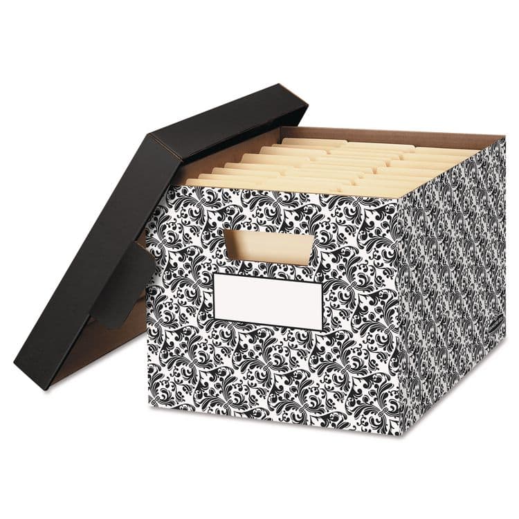 FELLOWES MFG. CO. STOR/FILE Decorative Medium-Duty Storage Box, Letter/Legal Files, 12.5" x 16.25" x 10.5", Black/White Brocade Design, 4/CT (FEL0022705)