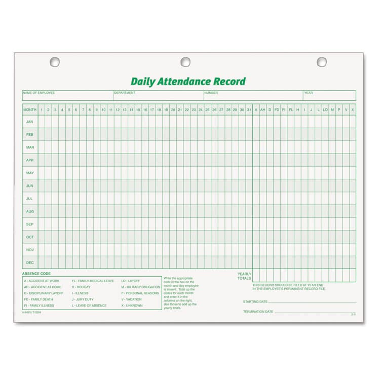 TOPS BUSINESS FORMS Daily Attendance Card, One-Part (No Copies), 11 x 8.5, 50 Forms Total (TOP3284)