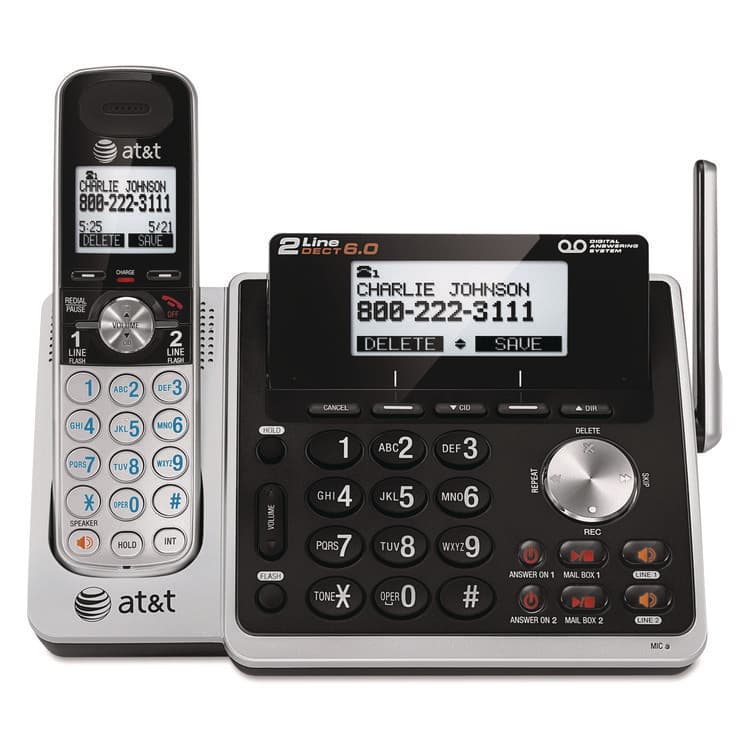 VTECH COMMUNICATIONS TL88102 Cordless Two-Line Digital Answering System, Base and Handset, Black/Silver (ATTTL88102)
