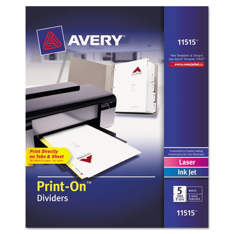 AVERY PRODUCTS CORPORATION Customizable Print-On Dividers, 3-Hole Punched, 5-Tab, 11 x 8.5, White, 5 Sets (AVE11515)