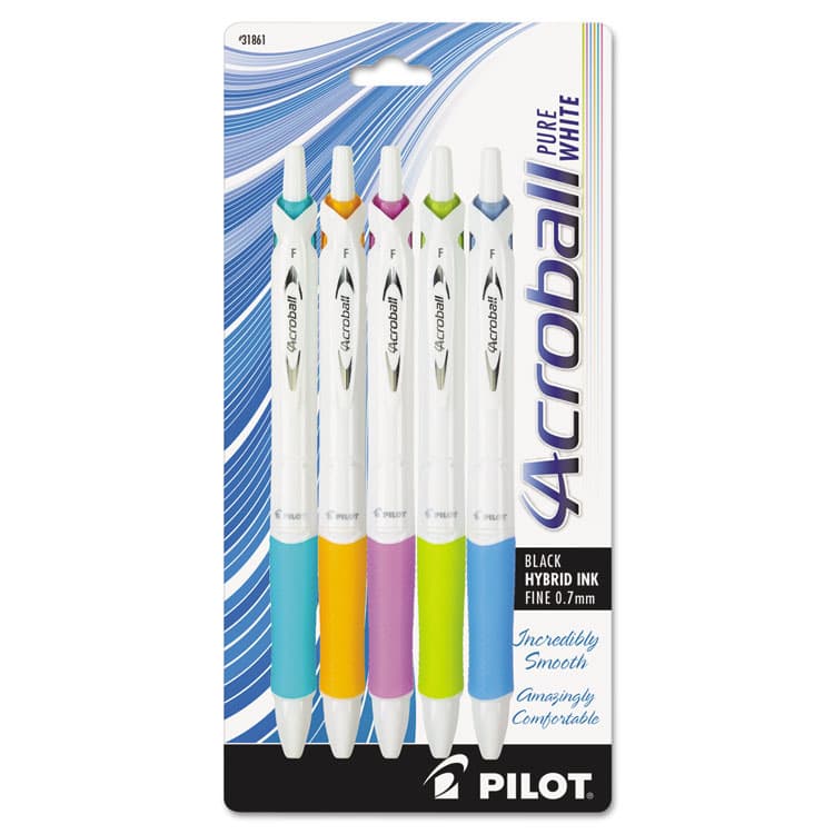PILOT CORP. OF AMERICA Acroball PureWhite Advanced Ink Hybrid Gel Pen, Retractable, Fine 0.7 mm, Black Ink, Assorted Barrel Colors, 5/Pack (PIL31861)