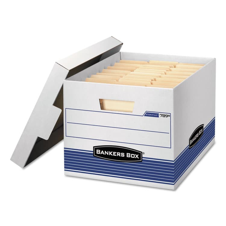 FELLOWES MFG. CO. STOR/FILE Medium-Duty Letter/Legal Storage Boxes, Letter/Legal Files, 12.75" x 16.5" x 10.5", White/Blue, 4/Carton (FEL0078907)