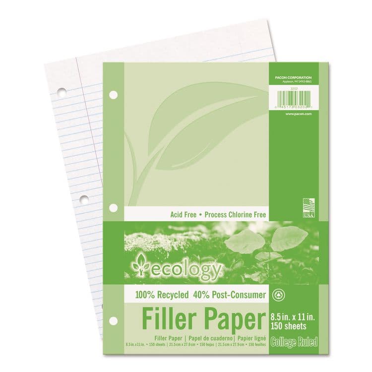 PACON CORPORATION Ecology Filler Paper, 3-Hole, 8.5 x 11, Medium/College Rule, 150/Pack (PAC3202)