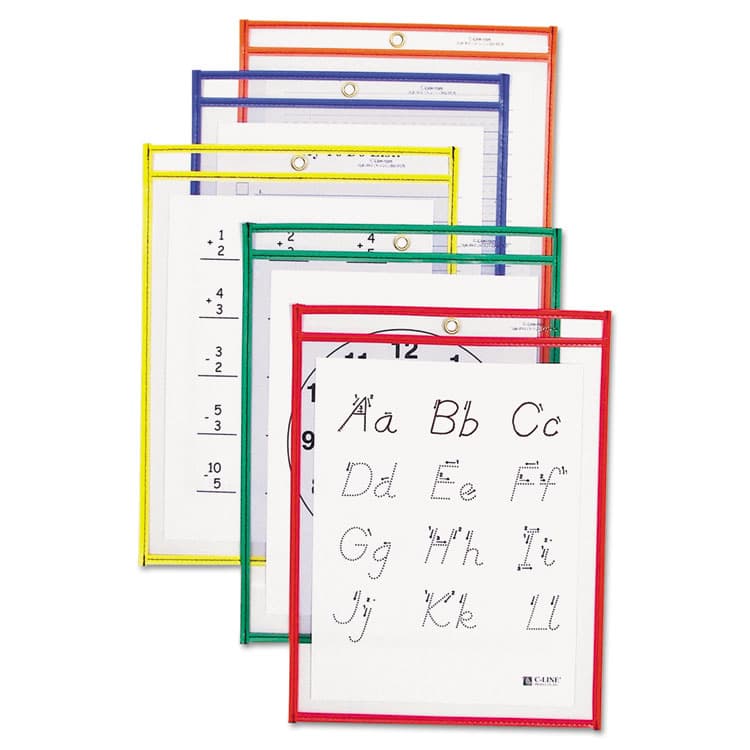C-LINE PRODUCTS, Reusable Dry Erase Pockets, Super Heavy-Duty, Top Load 9 x 12 Insert, Clear Front, Assorted Border Colors, 5/Pack (CLI40630) thumbnail 2