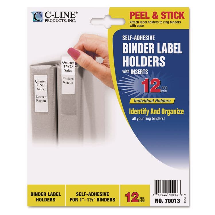 C-LINE PRODUCTS, Self-Adhesive Ring Binder Label Holders, Top Load, 1 x 2,81, Clear, 12/Pack (CLI70013)