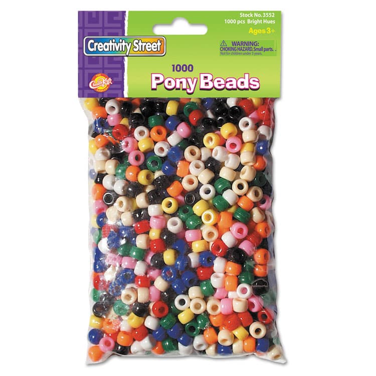 PACON CORPORATION Pony Beads, Plastic, 0.24" x 0.35", Assorted Primary Colors, 1,000/Pack (CKC3552)