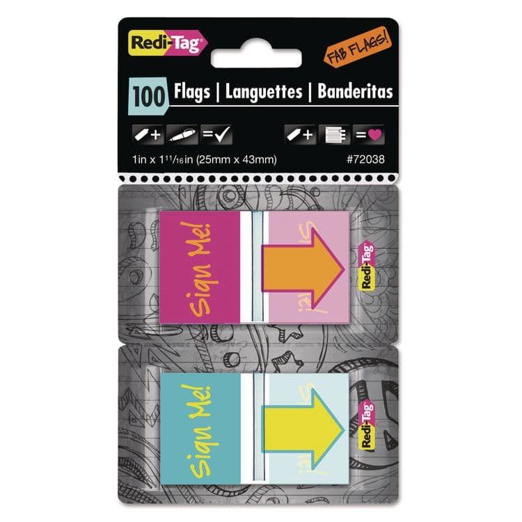 REDI-TAG CORPORATION Pop-Up Fab Page Flags w/Dispenser, "Sign Me!", Red/Orange, Teal/Yellow, 100/Pack (RTG72038)