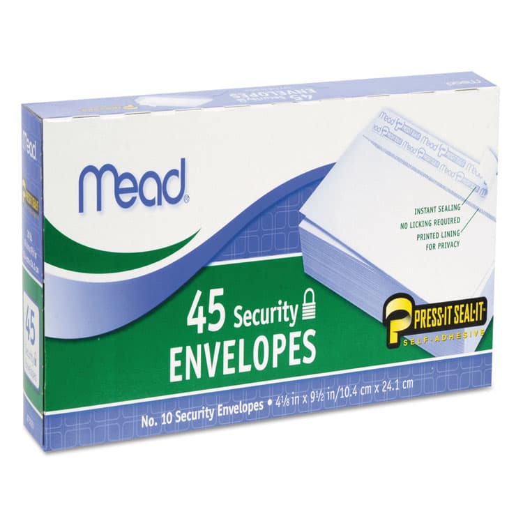 MEAD PRODUCTS Press-it Seal-it Self-Adhesive Security Envelope, #10, Monarch Flap, Self-Adhesive Closure, 4.25 x 9.13, White, 45/Box (MEA75026)